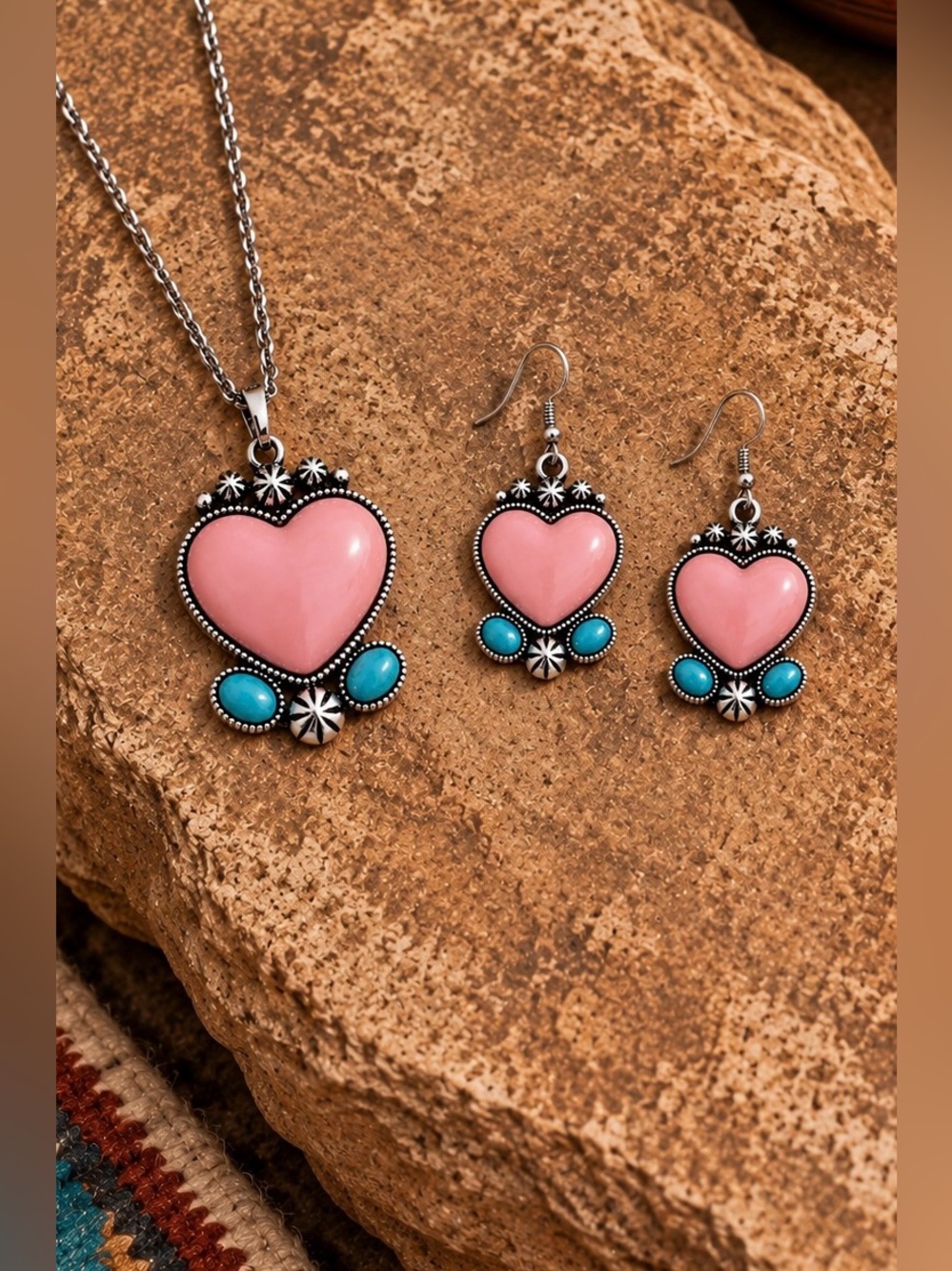 Navajo Inspired Southwest Faux Pink Conch Turquoise Heart Necklace Earrings Set